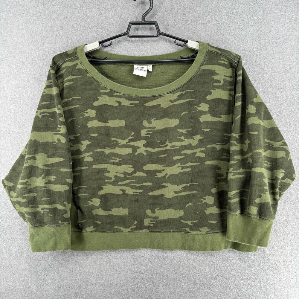 Good American Boxy Green Camo Cropped Sweatshirt Womens 6 Sporty Cotton Pullover